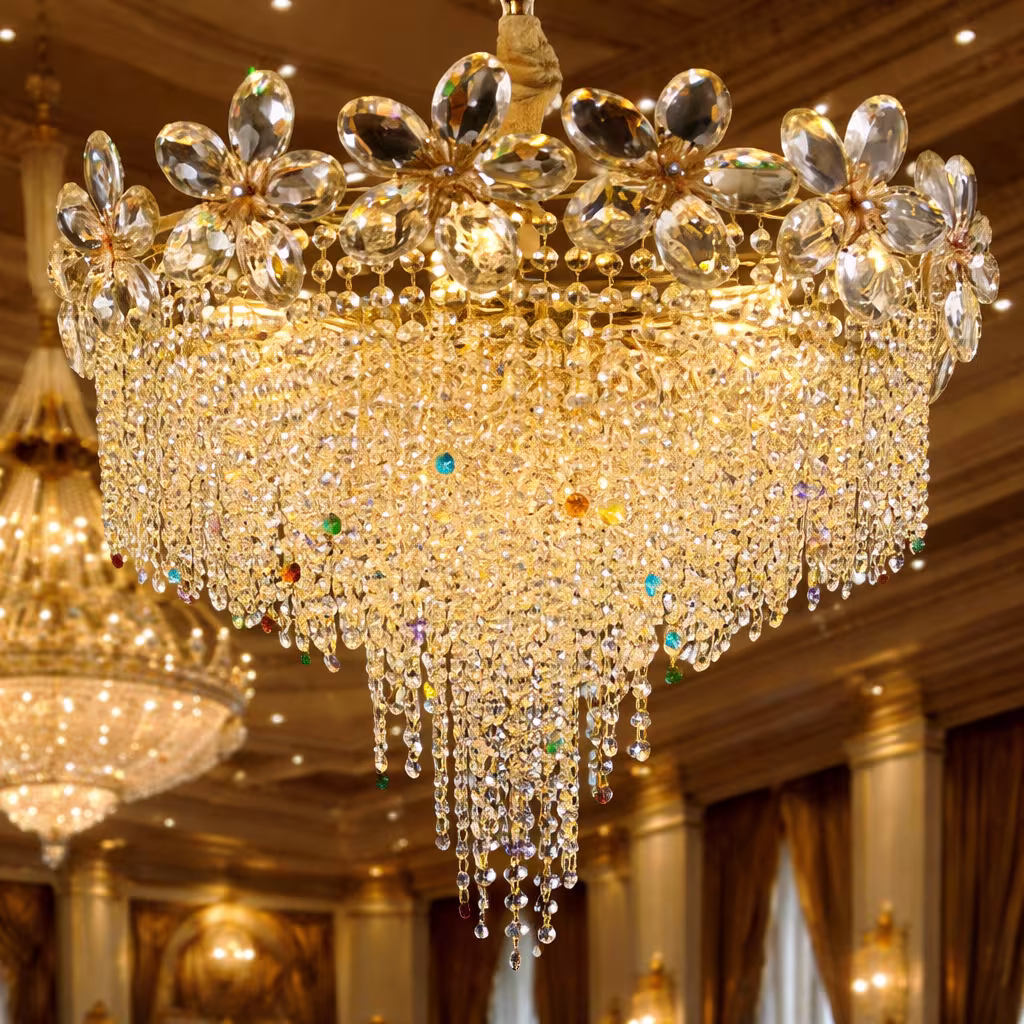 Candelabru Cristal BLOSSOM Eleganza, 6xE14, 50cm, Auriu Lucios, Inaltime Reglabila, Metal si Cristal