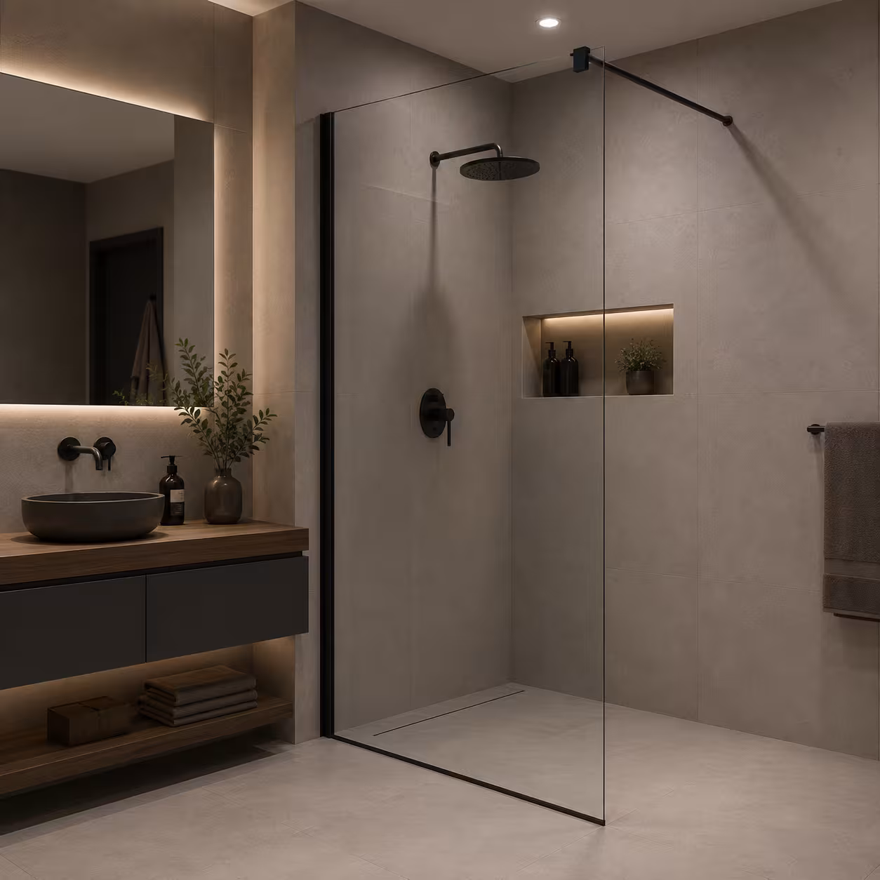 Paravan dus Walk-In 80x195cm, Sticla securizata 8 mm, Profil metalic rezistent, Transparent si Negru