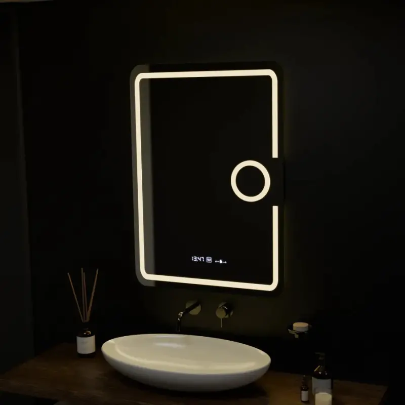 Previzualizare 4: Oglinda LED Rectangulara, 50x70cm, Eclat MotionGlow Marcello, Sistem Dezaburire, Ceas & Termometru, Lupa Cosmetica, Dimabila