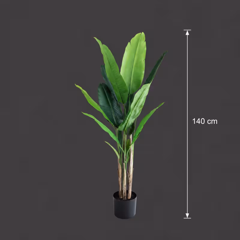 Previzualizare 4: Planta Artificiala Copac Tip Bananier, 140 cm, 3 tulpini, 11 frunze, Verde, cu Ghiveci