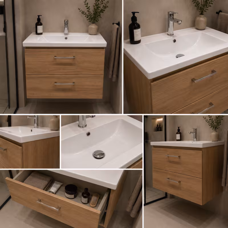 Previzualizare 2: Set Mobilier CELO pentru Baie, Dulap Lavoar, 2 Sertare, Alb si Maro