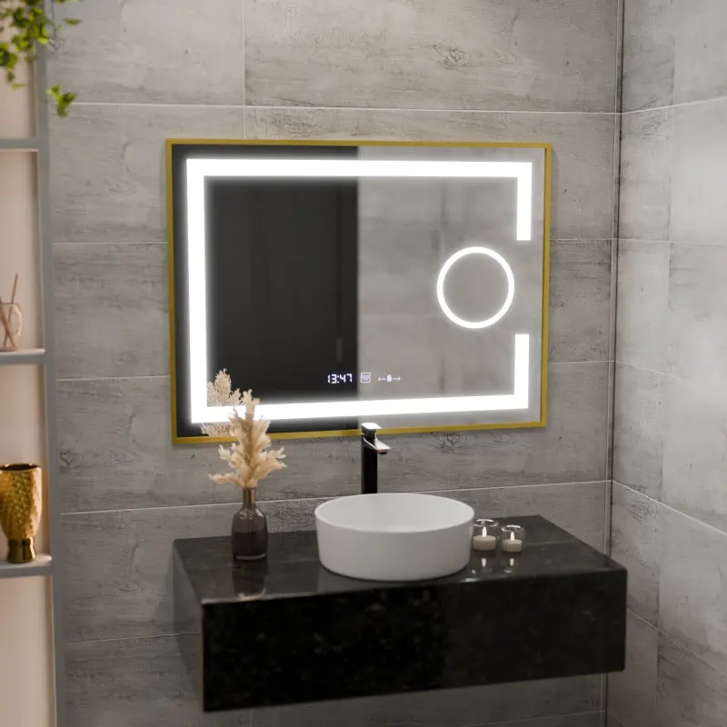Oglinda LED Rectangulara, 80x60cm, Eclat MotionGlow Marcello, Sistem Dezaburire, Ceas & Termometru, Lupa Cosmetica, Dimabila, Rama Auriu Brushed