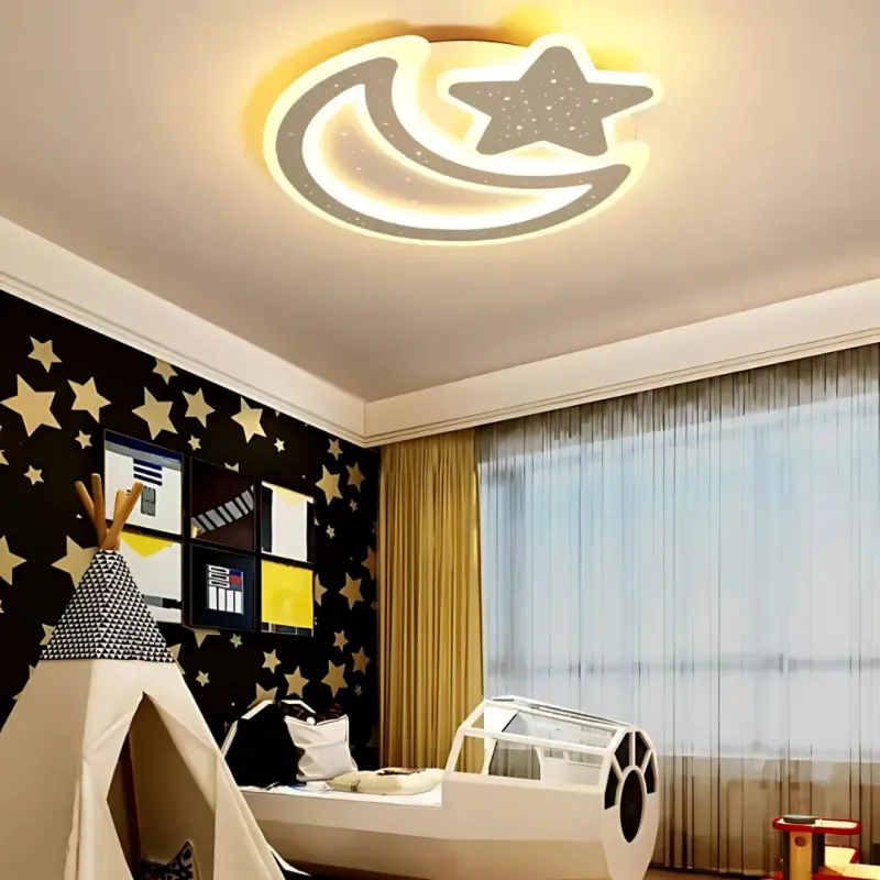 Lustra LED Nova cu Telecomanda, 89W, Dimabil, Forma Luna si Stea, Alb