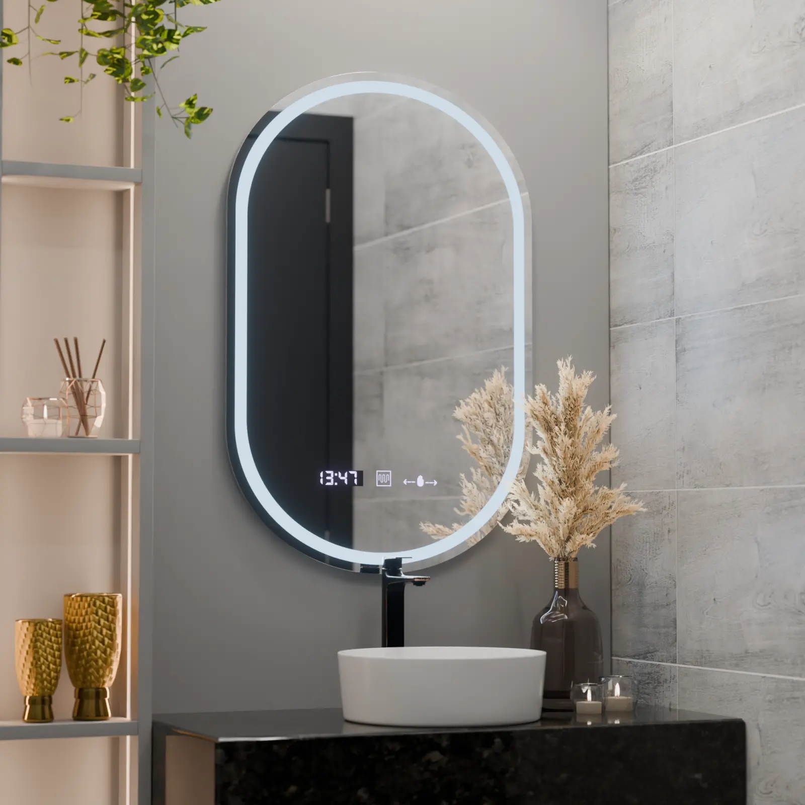Oglinda LED Ovala, 50x80cm, Eminence MotionGlow Marcello, Sistem Dezaburire, Ceas & Termometru, Dimabila