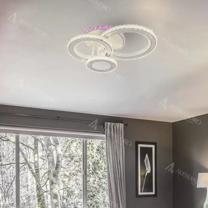 Lustra LED cu telecomanda si cristal LEOCADIA RGB 134W, 3 Cercuri, lumina Rece/Calda/Neutra, Dimabila, Alb
