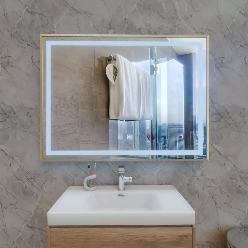 Previzualizare 3: Oglinda LED Touch Kariri, 80x60 cm, functie Dezaburire, Rama Gold Rose Brushed