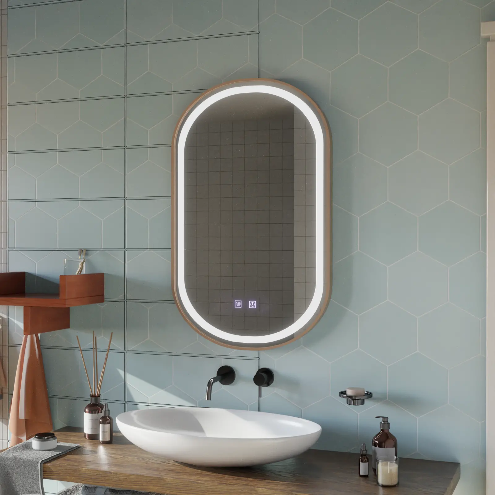 Oglinda LED Touch Impora Sistem Dezaburire 50x80 cm Rama Rose Gold