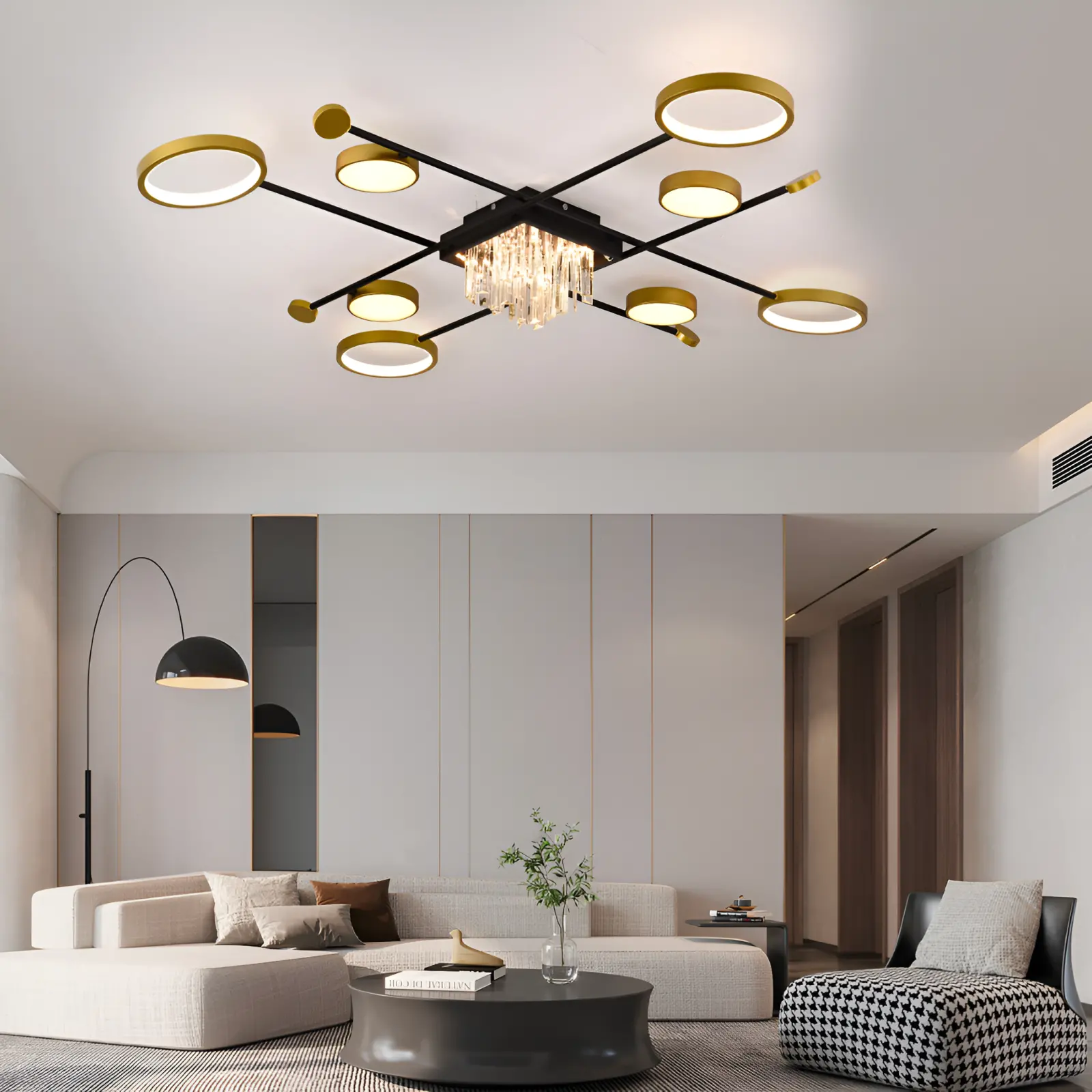 Lustra LED cu telecomanda si cristal GUIDA 46W, 8 Elemente, lumina Rece/Calda/Neutra, Dimabila, Negru Auriu