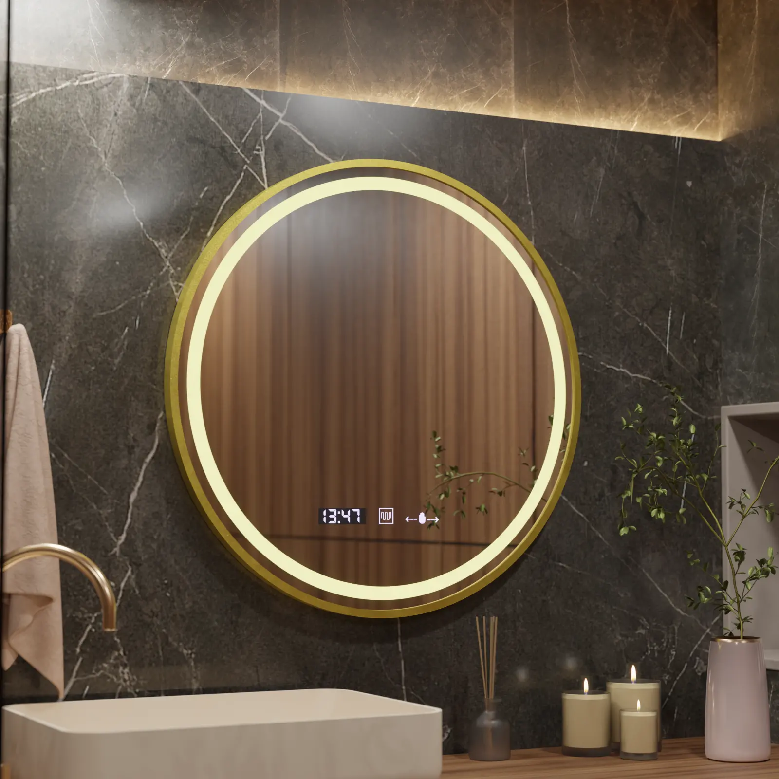 Oglinda LED Rotunda, 80cm, Celeste Royale Gold MotionGlow Marcello, Sistem Dezaburire, Ceas & Termometru, Dimabila