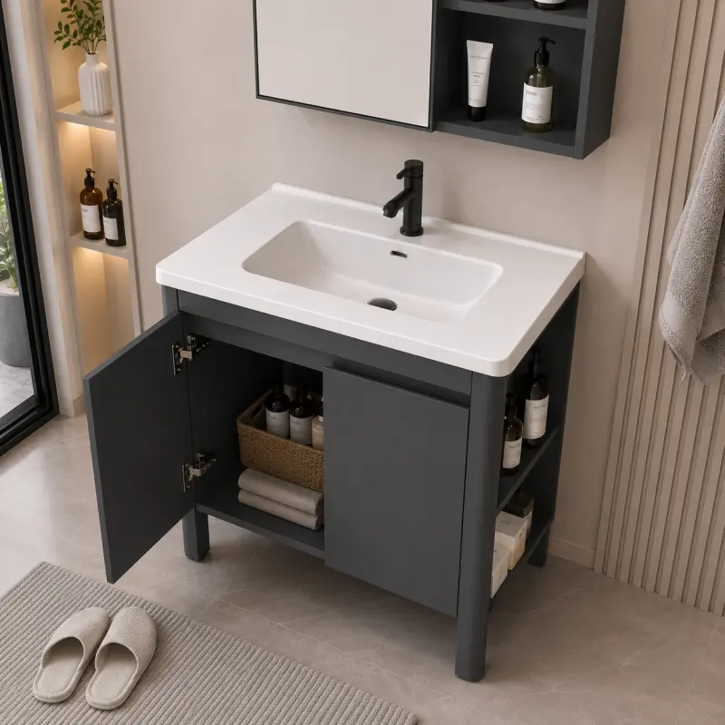 Previzualizare 4: Set Mobilier VION pentru Baie ,Dulap Lavoar+Dulap Oglinda 60cm, 2 Piese, Gri si Alb
