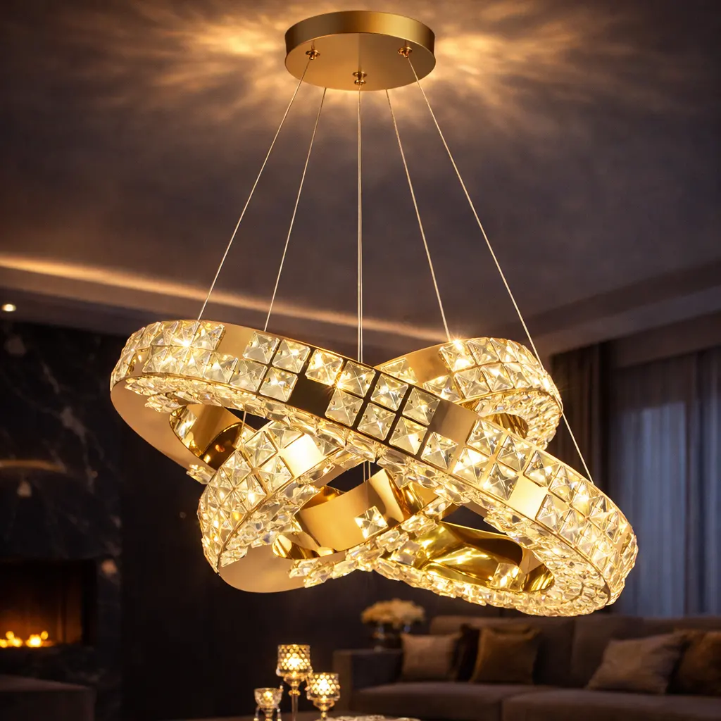 Lustra LED cu Telecomanda, LLC135/2GD, Cristal si Metal, 55W, 2 Cerc, Dimabila, Inaltime Reglabila, Lumina Rece/Calda/Neutra 3000K/4000K/6000K, Iluminat Luxos