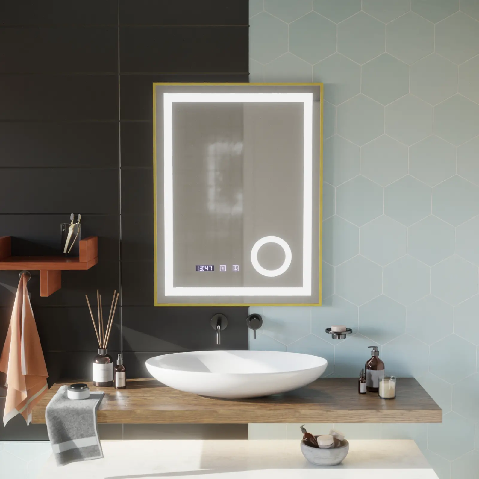 Oglinda LED Touch CLARUS Sistem Dezaburire, Ceas si Temperatura 60x80 cm Rama Auriu Brushed Lupa Cosmetica