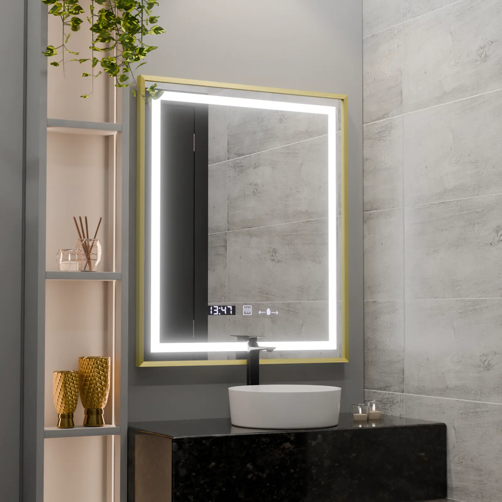 Oglinda LED Rectangulara, 75x90cm, Verite Royale Gold MotionGlow Marcello, Sistem Dezaburire, Ceas & Termometru, Dimabila