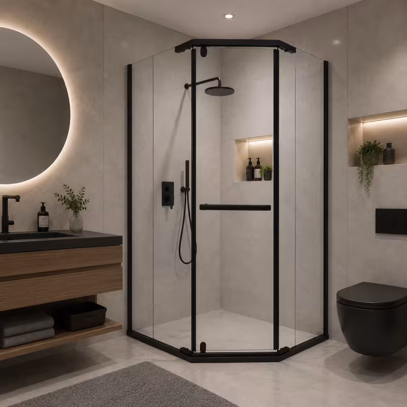 Paravan dus Walk-In 90x90x190 cm, sticla securizata 6 mm, profil metalic rezistent, Transparent si Negru