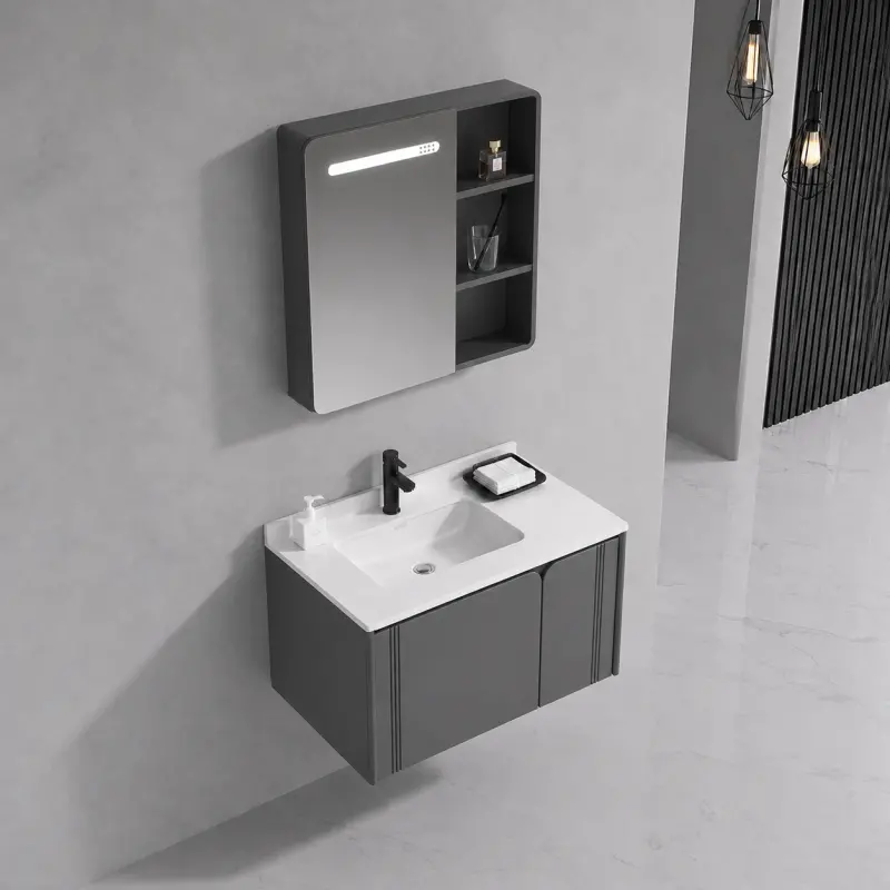 Previzualizare 3: Set Mobilier ORIA pentru Baie, Dulap Lavoar+Dulap Oglinda 60cm, 2 Piese, Gri si Alb