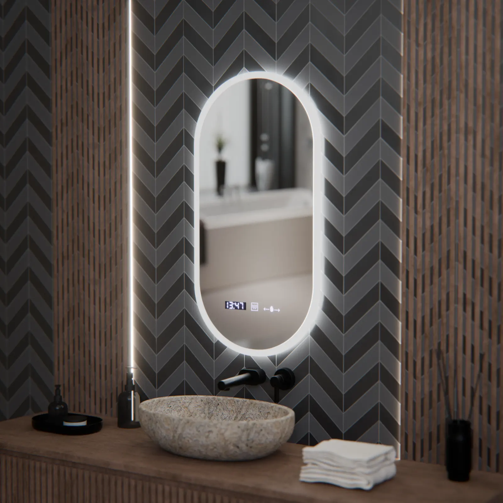 Oglinda LED Ovala, 50x100cm, Lucia Senzor Marcello, Sistem Dezaburire, Ceas & Termometru, Dimabila