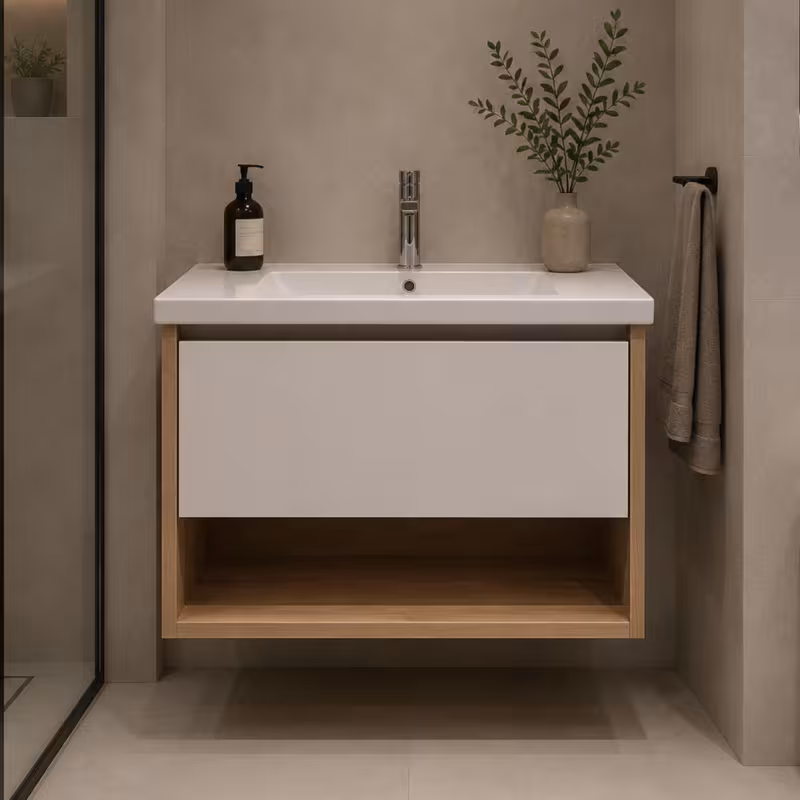 Set Mobilier VALO pentru Baie, Dulap Lavoar, 1 Sertar, Alb si Maro