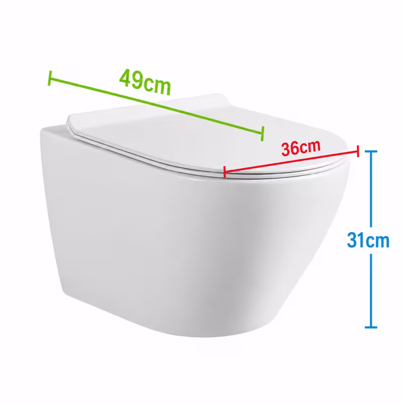 Previzualizare 3: Toaleta Suspendata Fara Rama NUNAVUT, Evacuare Orizontala (P-Trap) 18 cm, 49x36x31cm,Alb