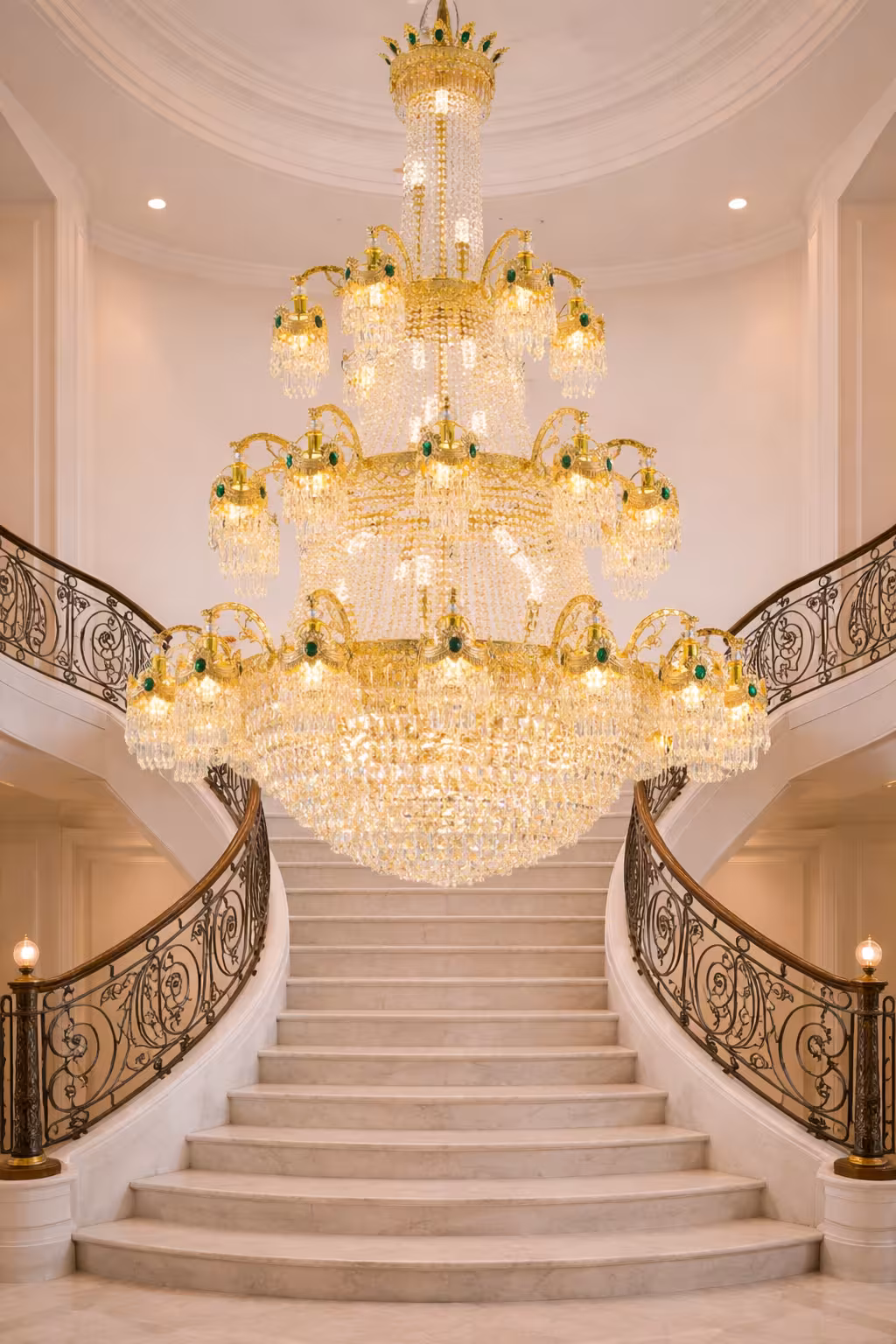 Candelabru Cristal , 61xE14, Diametru 150cm, Inaltime 200cm, Auriu Lucios, Inaltime Reglabila, Design Elegant