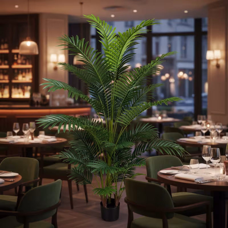 Previzualizare 3: Planta Artificiala Copac Tip Palmier Kentia, 3 tulpini, 30 frunze, 190 cm, Verde, cu Ghiveci