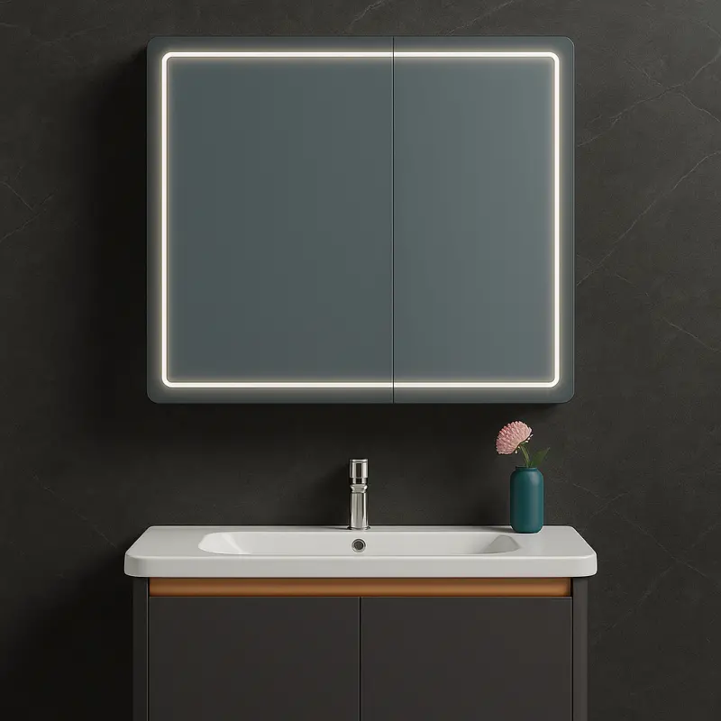 Oglinda LED cu Dulap de Baie si Lavoar Suspendat, 80x60 cm, Design Modern, Iluminare Integrata