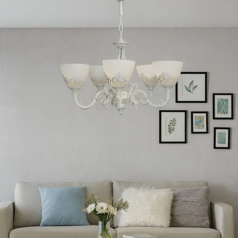 Previzualizare 2: Lustra VINTAGE, tip Pendul cu brate, COTTAGE, Circulara, 5xE27, Sticla si Metal, Alb