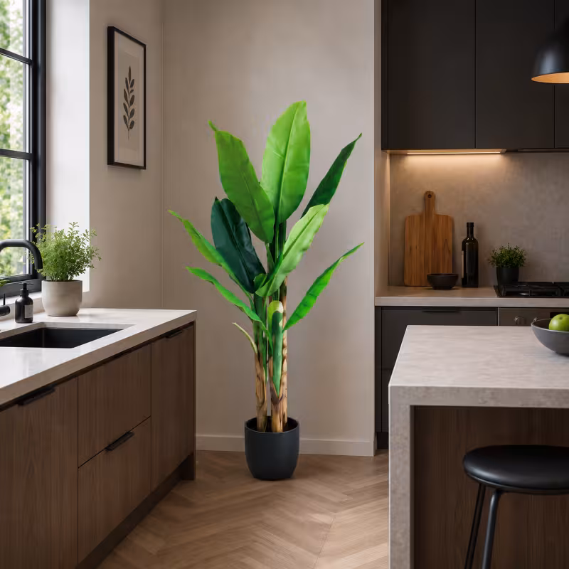 Previzualizare 3: Planta Artificiala Copac Tip Bananier, 140 cm, 3 tulpini, 11 frunze, Verde, cu Ghiveci