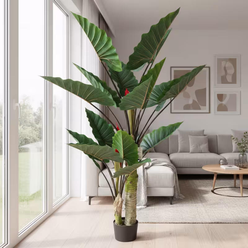 Planta Artificiala Tip Alocasia Cu Frunze Late, 2 trunchiuri, 190 cm, Verde