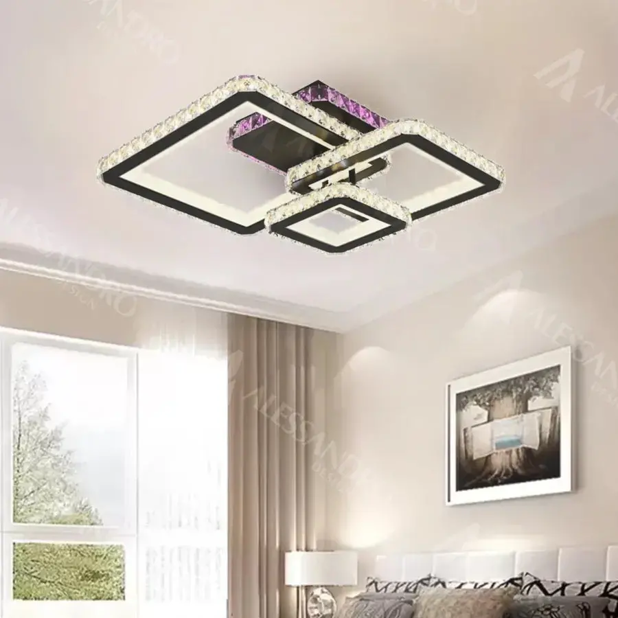 Lustra LED cu telecomanda si cristal BLAKELY RGB 166W, 3 Patrate, lumina Rece/Calda/Neutra, Dimabila, Negru