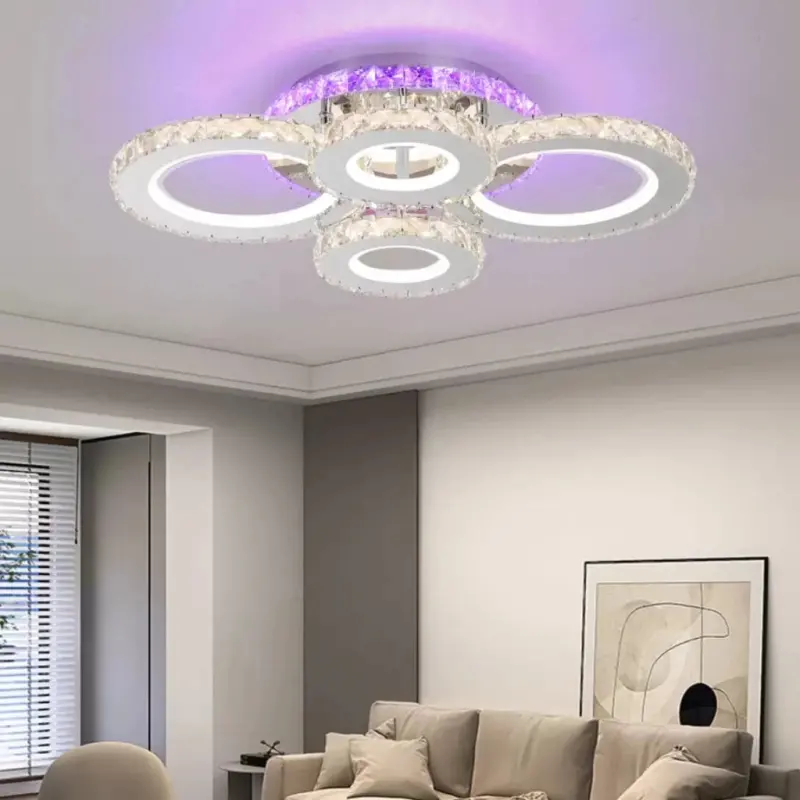 Lustra LED cu telecomanda si cristal NOVA ROTONDA RGB 82W, 4 Cercuri, lumina Rece/Calda/Neutra, Dimabila