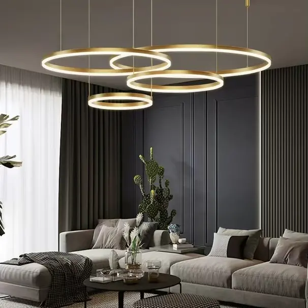 Previzualizare 2: Lustra LED suspendata cu telecomanda LT813/4GD 41W, 4 Cercuri, lumina Rece/Calda/Neutra, Dimabila, Auriu, Inaltime Reglabila