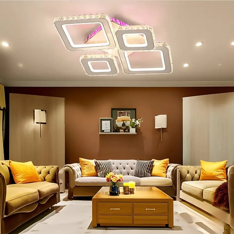 Lustra LED cu telecomanda si cristal TERRANO RGB 162W, 4 Patrate, lumina Rece/Calda/Neutra, Dimabila, Alb Crom Lucios