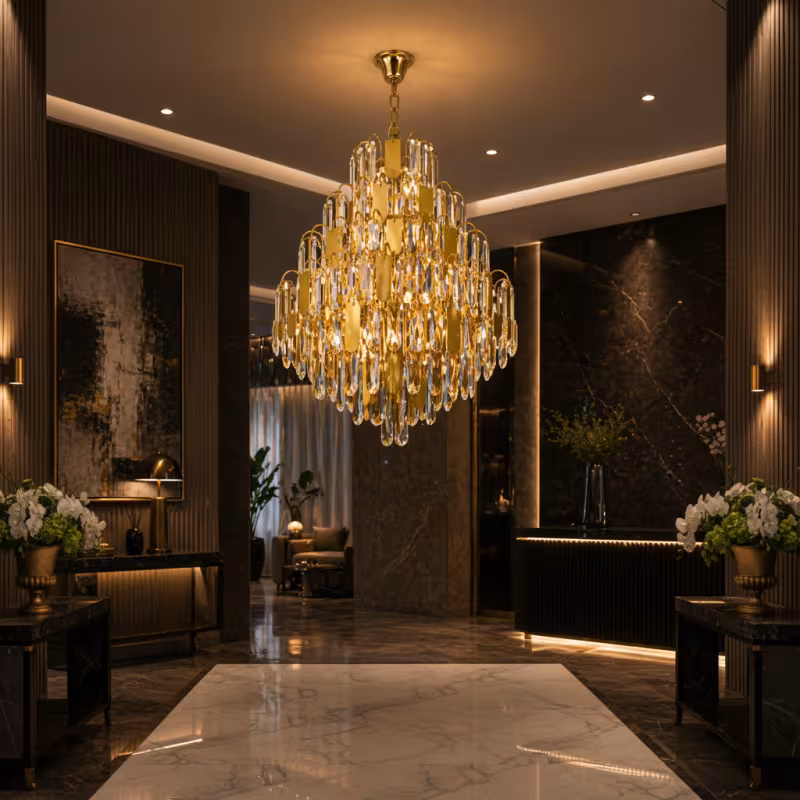Previzualizare 2: Candelabru Cristal TIER Magno 13xE14, D60 cm, Auriu, Inaltime Reglabila, Metal si Cristal