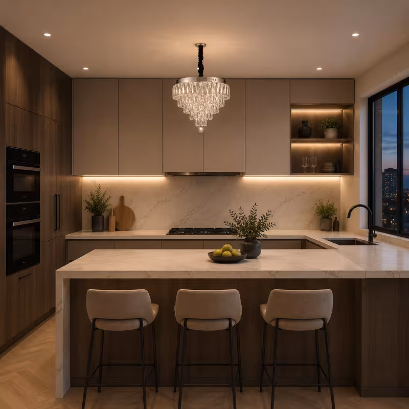 Previzualizare 3: Lustra LED Cristal cu telecomanda RIGO Eleganza Diametru 48cm, Crom Lucios, Inaltime Reglabila, Metal si Cristal