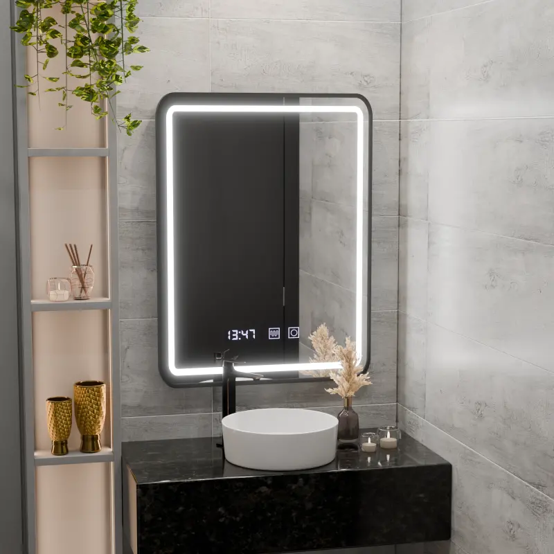 Previzualizare 3: Oglinda LED Touch LUCIDA Sistem Dezaburire, Ceas si Temperatura 50x70 cm Rama Negru Brushed