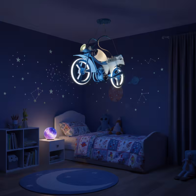 Previzualizare 4: Lustra LED pentru copii MOTO, Tip motocicleta, 40W, Lumina Rece/Calda/Neutra, Albastru Alb