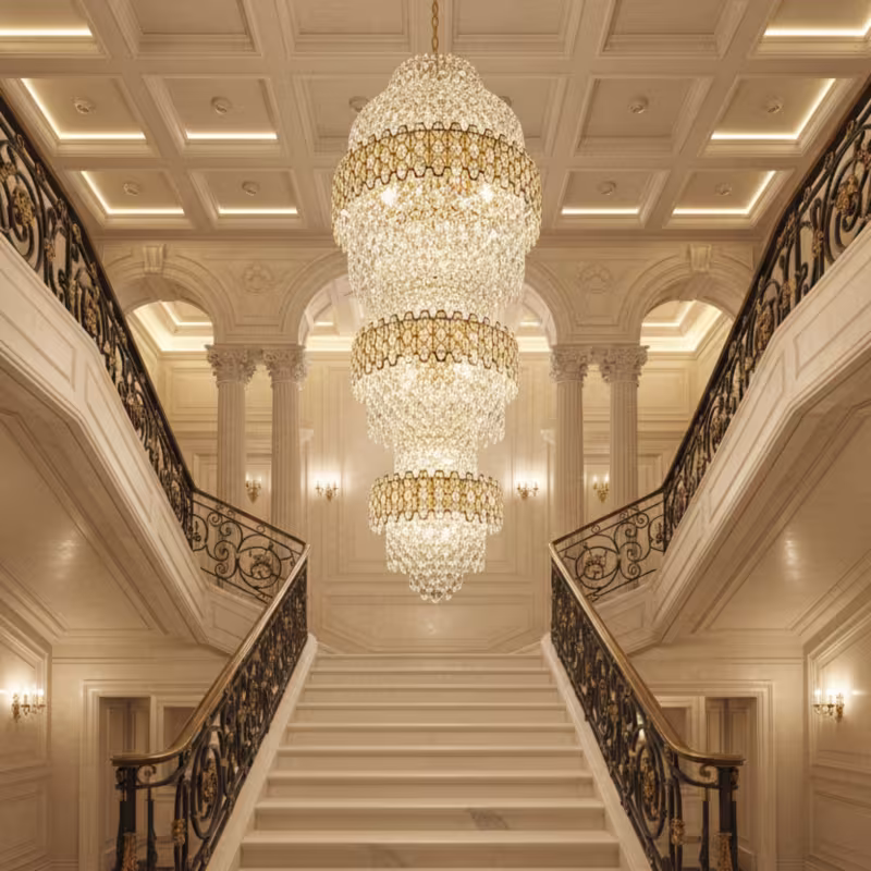 Candelabru Cristal TRIO Regalis 63xE14, Diametru 80cm, Inaltime 260cm, Auriu Lucios, Inaltime Reglabila, Design Elegant