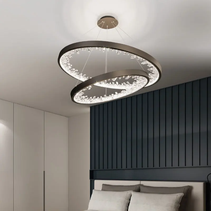 Lustra LED suspendata cu telecomanda, Cristale K9, 110W, 2 Cerc, lumina Rece/Calda/Neutra, Dimabila, Negru, Inaltime Reglabila