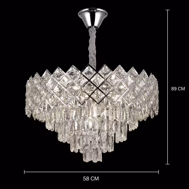 Previzualizare 4: Candelabru Cristal VECTORIA Magno 8xE14, Diametru 58cm, Crom Lucios, Inaltime Reglabila, Metal si Cristal
