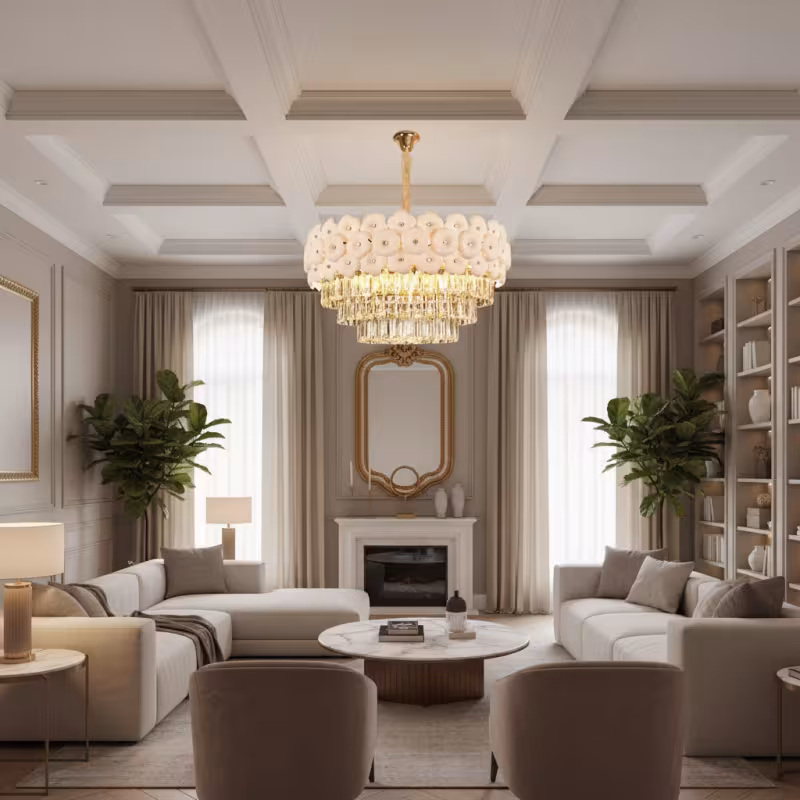 Candelabru Cristal PETAL Magno 13xE14, D60 cm, Auriu, Inaltime Reglabila, Metal si Cristal