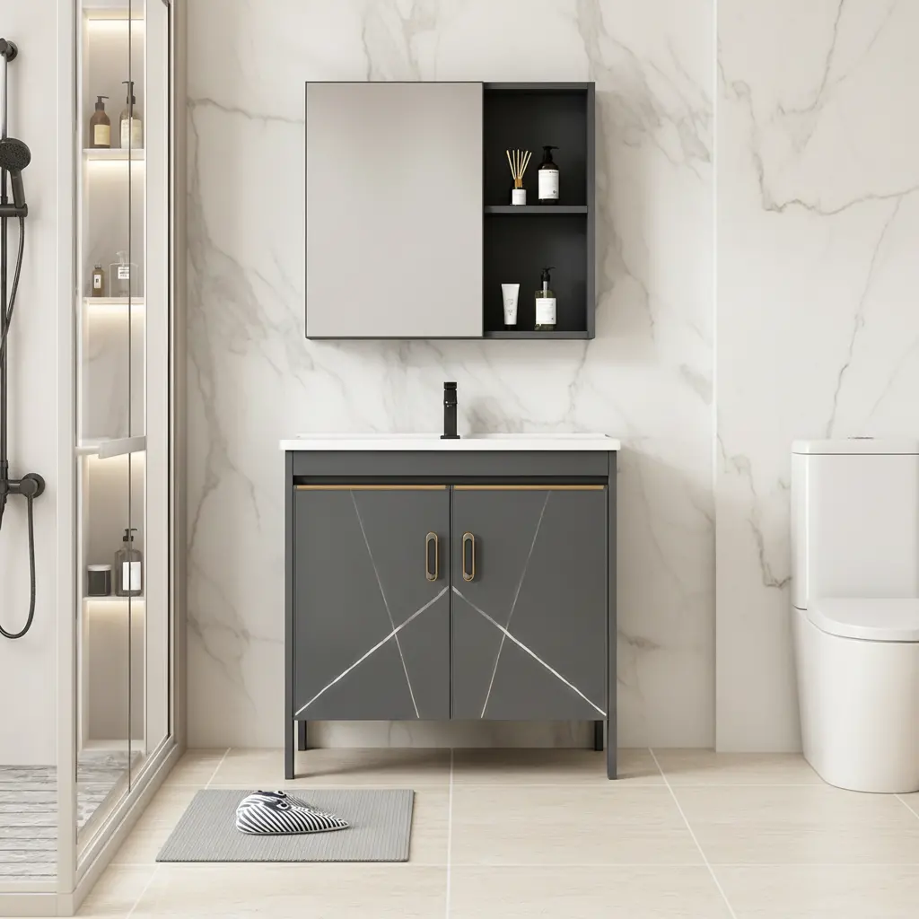 Set Mobilier SIENA pentru Baie ,Dulap Lavoar+Dulap Oglinda 80cm, 2 Piese, Gri si Alb