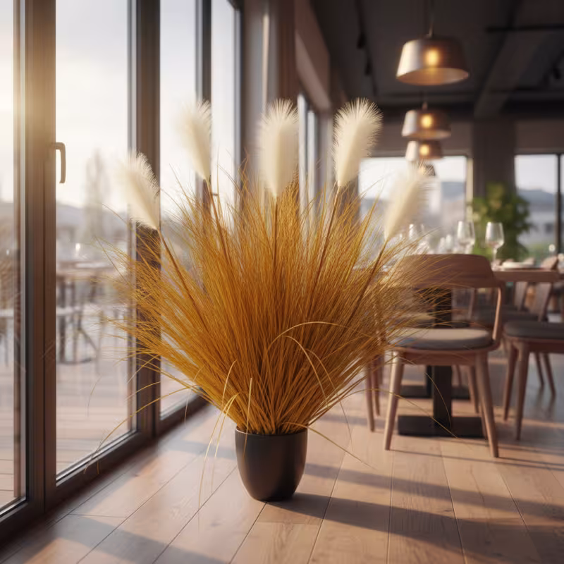 Planta Artificiala Iarba Ornamentala, 95 cm, 5 tulpini, Stuf si Iarba, Portocaliu, Fara Ghiveci