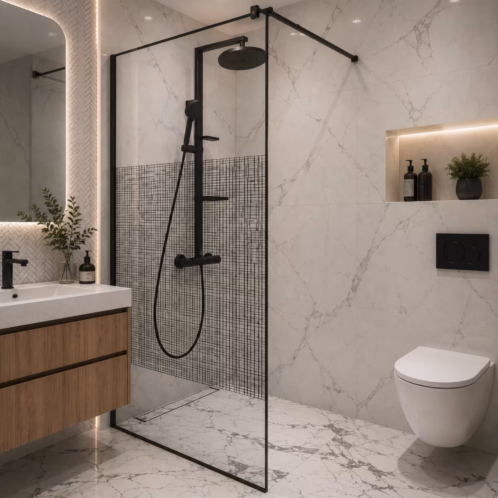 Paravan dus Walk-In SASAKATON, 90x195cm, Sticla cu print, Securizata, 8 mm, Profil metalic rezistent 4.5cm, Transparent si Negru