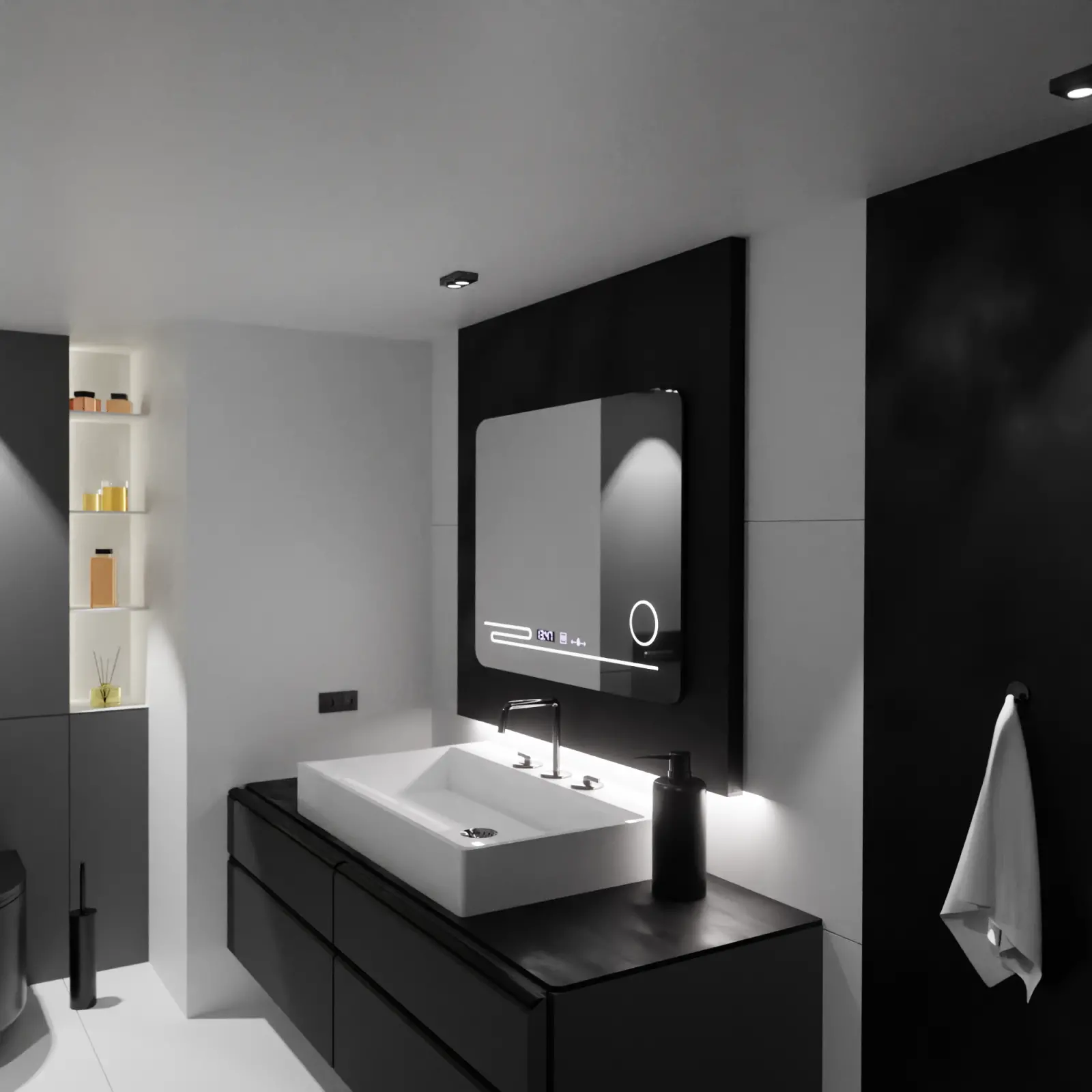 Oglinda LED Rectangulara, 80x60cm, Harmonie MotionGlow Marcello, Sistem Dezaburire, Termometru si Ceas, Lupa Cosmetica, Dimabila