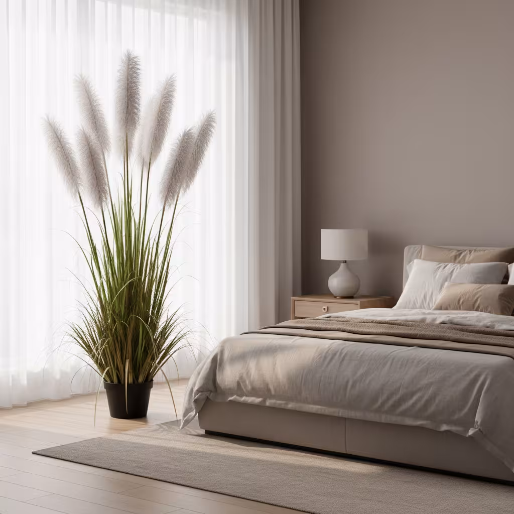 Planta Artificiala Iarba Ornamentala, 220cm, cu 7 fire, Stuf sj Iarba, Verde si Gri, Fara Ghiveci