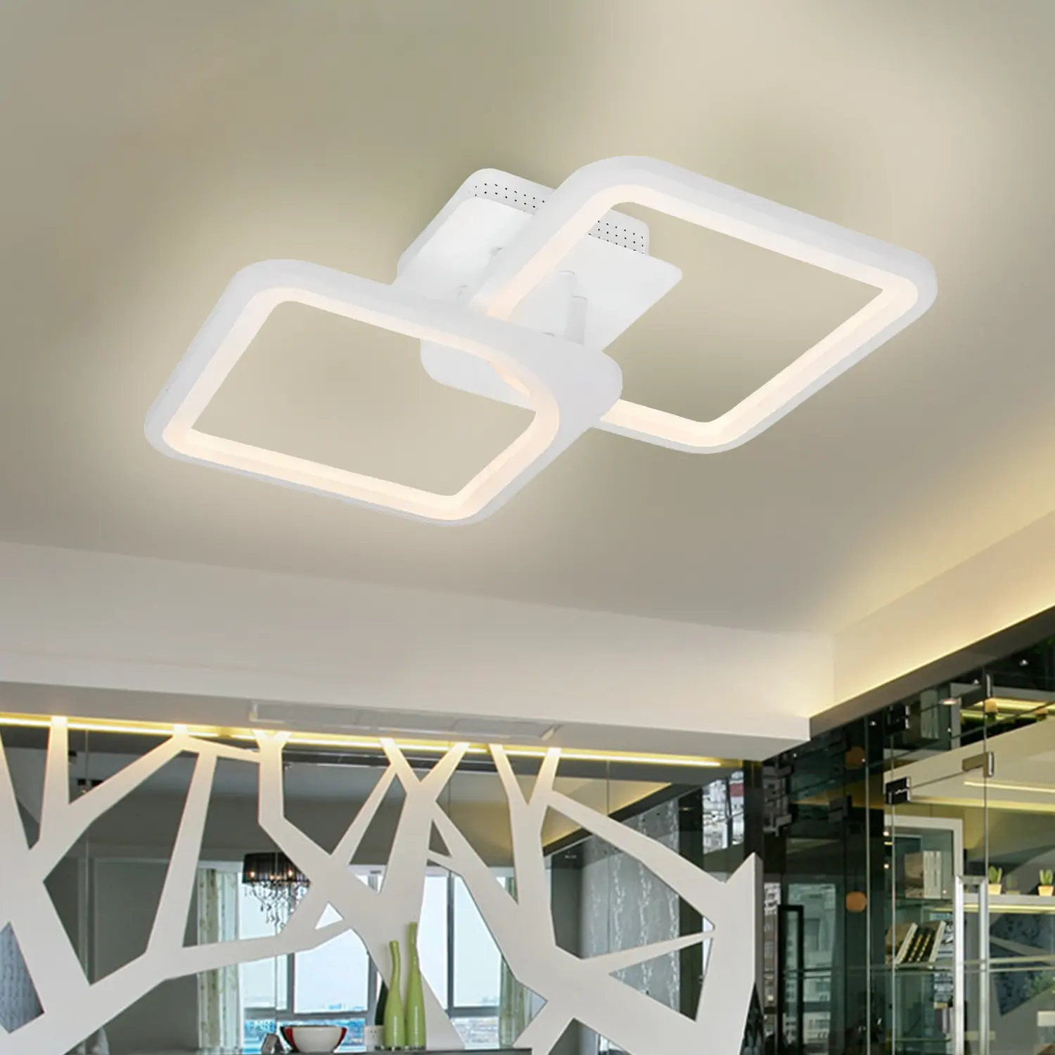 Lustra LED cu telecomanda ZOE 40W, 2 Patrate, lumina Rece/Calda/Neutra, Dimabila, Alb