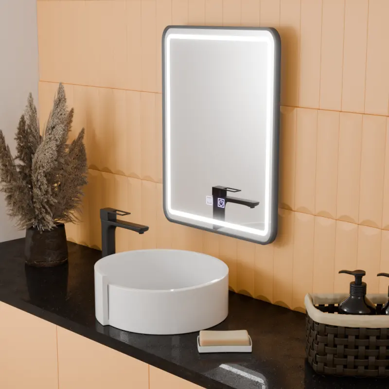 Oglinda LED Rectangulara, 45x60cm, EDGE Touch, Sistem Dezaburire, Rama Neagra