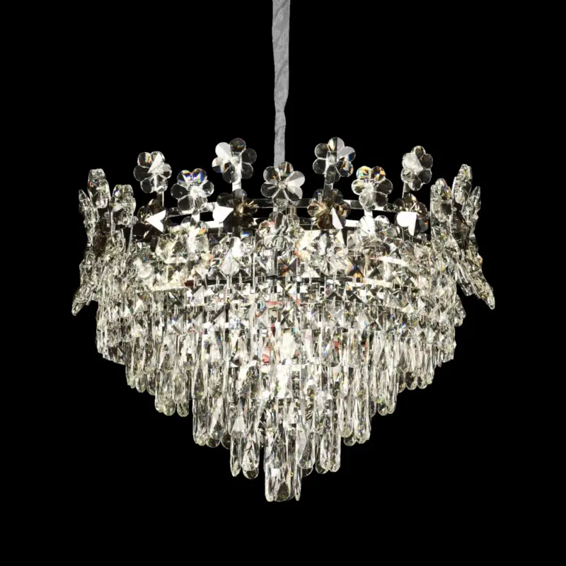 Candelabru Cristal FLORENCE Eleganza, 9x E14, Diametru 50cm, Crom Lucios, Inaltime Reglabila