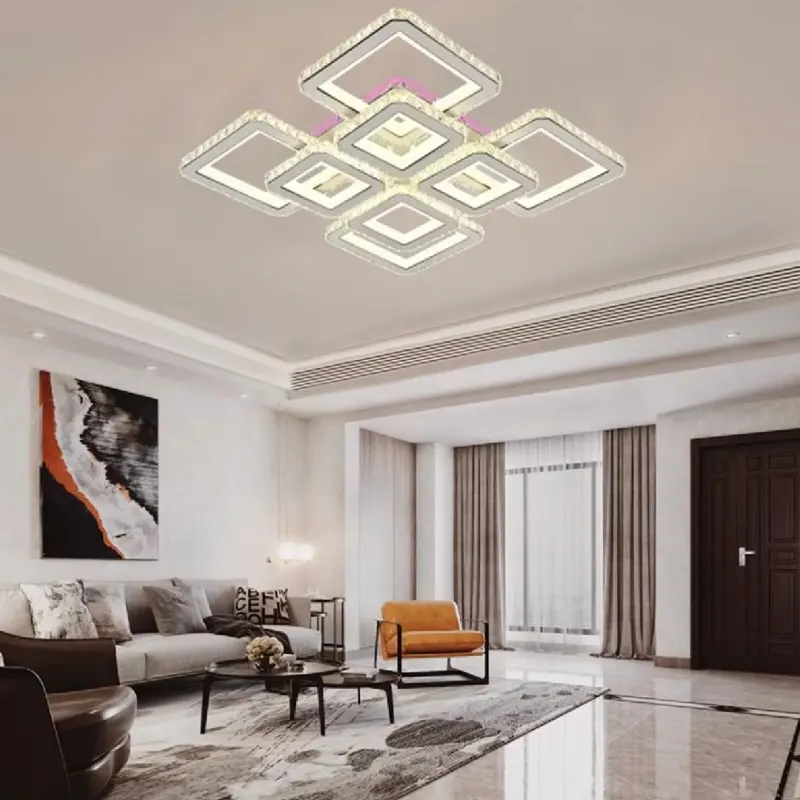 Lustra LED cu telecomanda si cristal LEILA 175W, 8 Patrate, lumina Rece/Calda/Neutra, Dimabila, Alb Crom Lucios