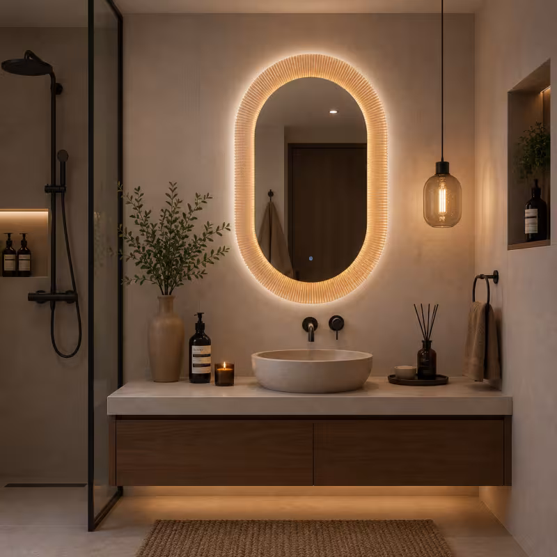Previzualizare 2: Oglinda LED FISHMAN Ovala, 55x110cm, Rama din acrilic cu efect irizat, Senzor, Lumina 3000K, 4000K, 6000K, Sistem Dezaburire, Acrilic, Functii Ceas si Temperatura